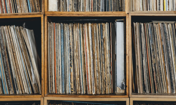Front close-up of shelf with vinyl records Front close-up of shelf with vinyl records