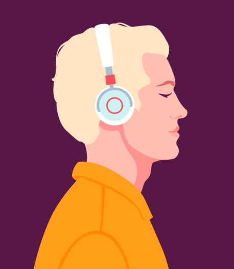 Young man listen to music on headphones. Music therapy. Young man listen to music on headphones. Music therapy. Guy profile. Avatar. Vector flat illustration.