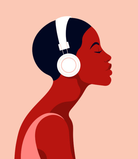 The girl listens to music on headphones. Music therapy. Profile The girl listens to music on headphones. Music therapy. Profile