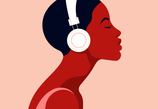 The girl listens to music on headphones. Music therapy. Profile The girl listens to music on headphones. Music therapy. Profile